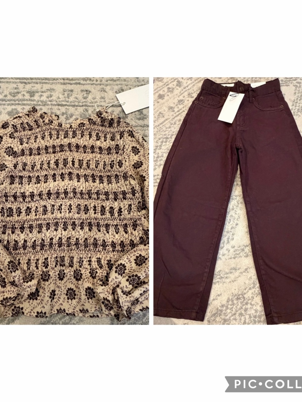 Zara Girls Cream and Dark Brown Patterned Smocked Blouse with Dark Brown Denim